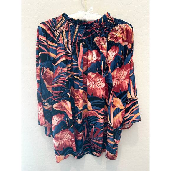 INVESTMENTS | Silky Hawaiian Floral Contemporary Smock Flutter Sleeve Blouse |XL - Picture 5 of 7